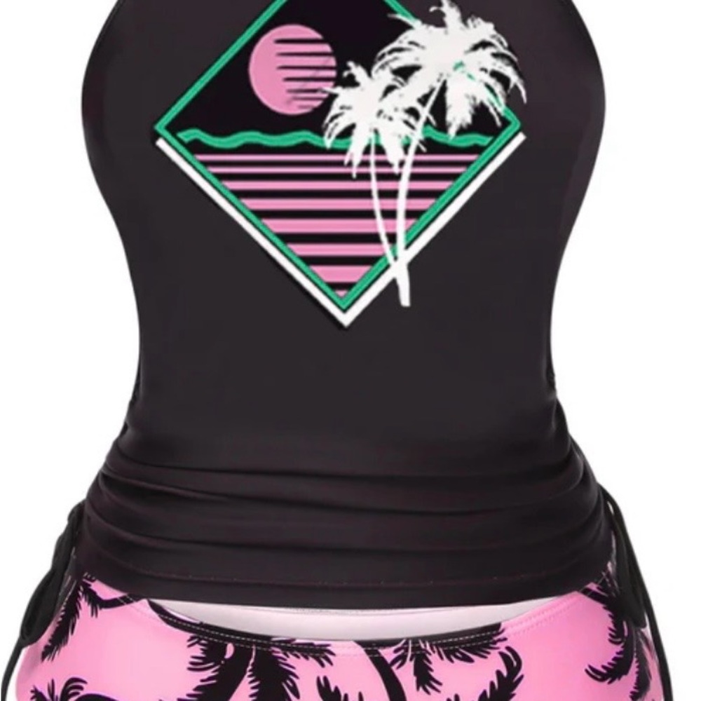 Palm Paradise Black and Pink Bikini Set